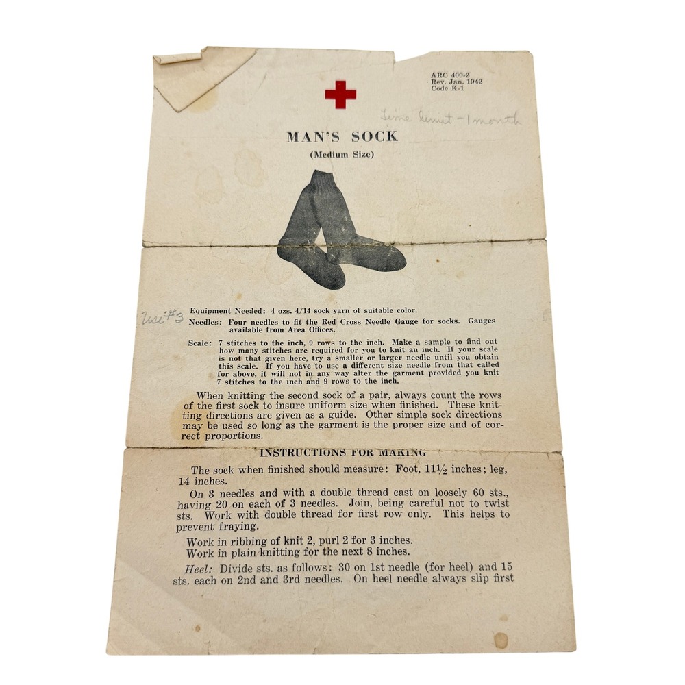 American Red Cross WWII Knitting Pattern Man's Socks Vintage 1942 world war kni